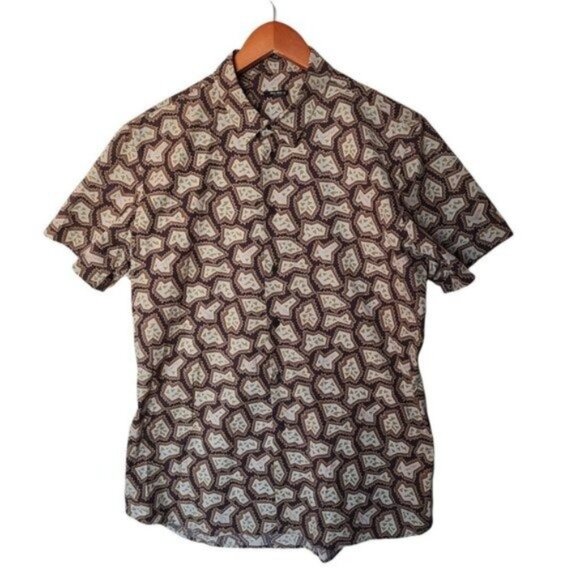 Miu Miu Mens Casual Button Down Shirt Graphic Print Logo All Over Green Brown - Picture 2 of 16